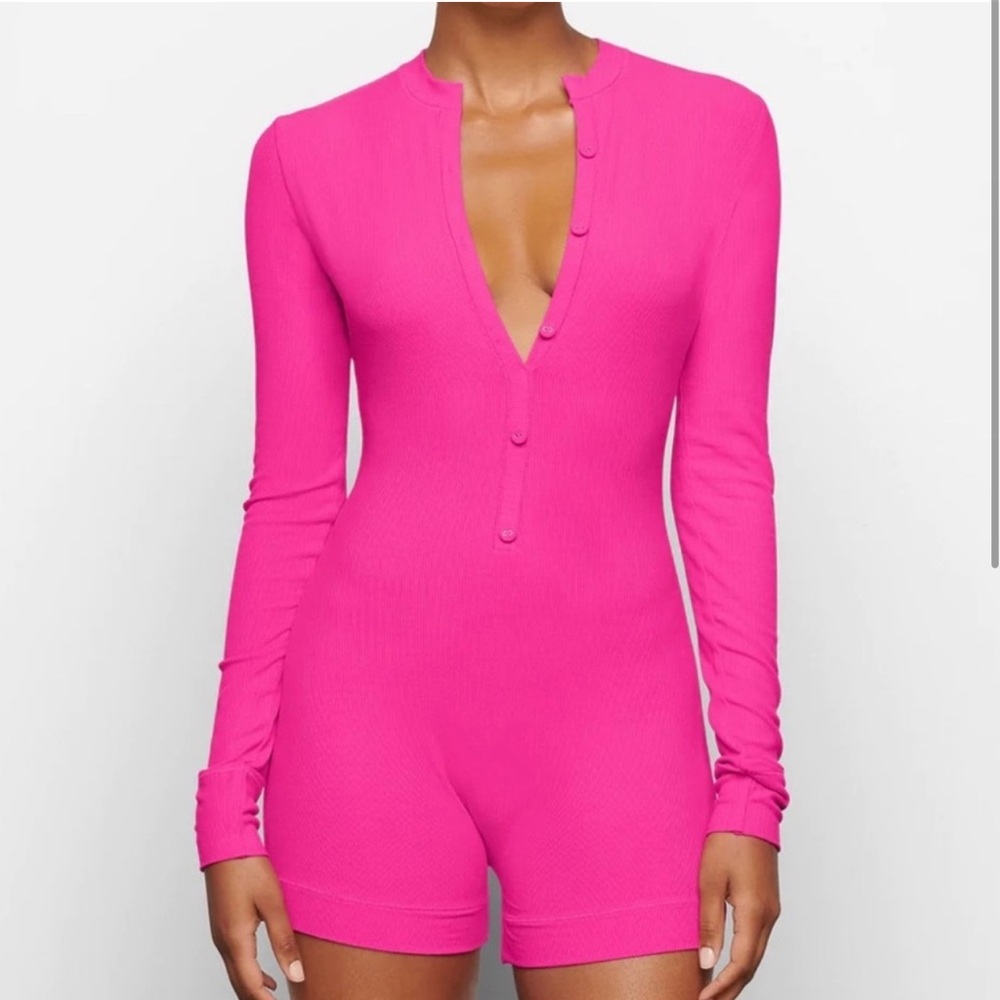 SOFT LOUNGE BUTTON UP HENLEY ONESIE HOT PINK